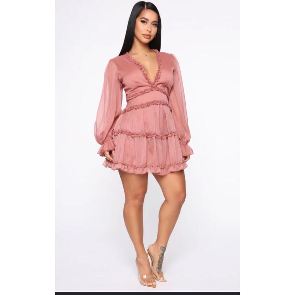 Fashion Nova Juliet Flare Ruffle Mini Dress Mauve Long Sleeve Size M